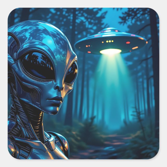Hyper Realistic Alien and UFO in the Forest Square Sticker (Front)