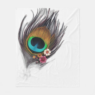 Hyper-Realistic Peacock Feather with Floral Patter Fleece Blanket