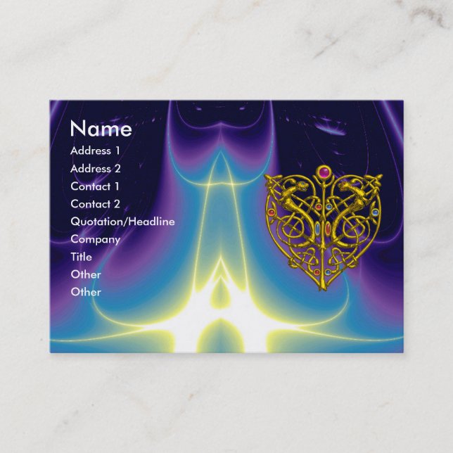 HYPER VALENTINE Gold Celtic Heart Blue Purple Business Card (Front)