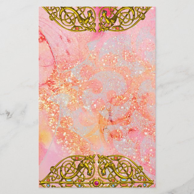 HYPER VALENTINE / GOLD CELTIC HEART Pink Sparkles Stationery (Front)