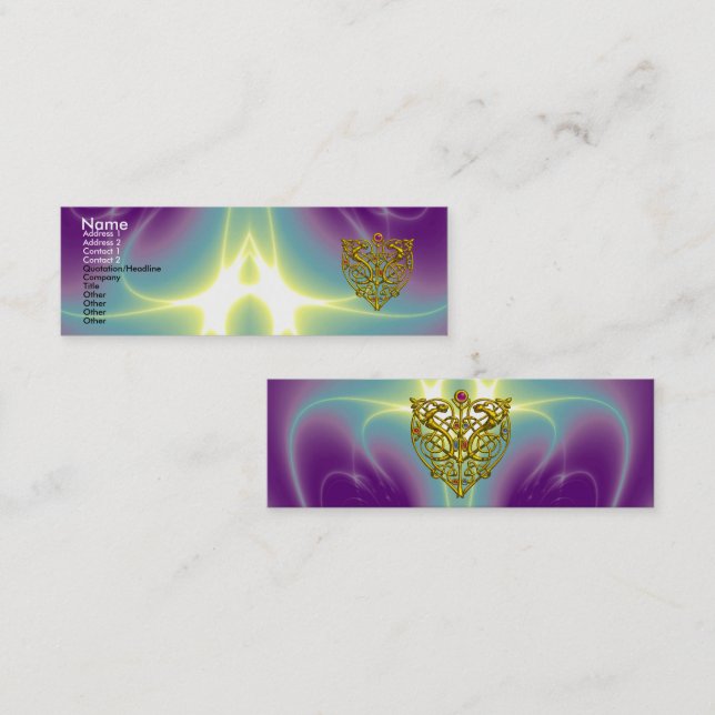 HYPER VALENTINE,GOLD CELTIC HEART Purple Green Mini Business Card (Front/Back)