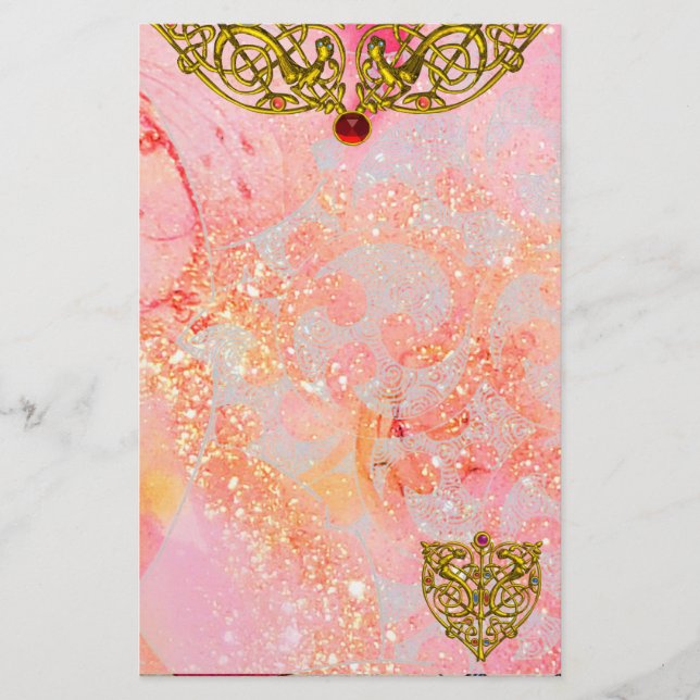 HYPER VALENTINE  /GOLD CELTIC HEART Ruby Pink Stationery (Front)