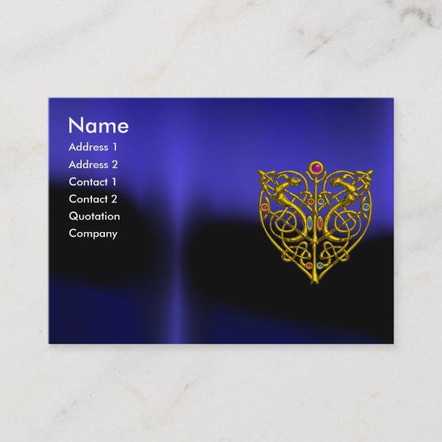 HYPER VALENTINE,GOLD CELTIC KNOT HEART JEWEL Blue Business Card (Front)