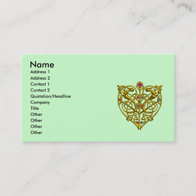 HYPER VALENTINE,GOLD CELTIC KNOT HEART JEWEL Green Business Card (Front)