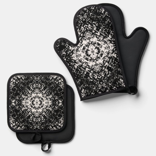 Hypnotic Abstract Black And White Modern Art Oven Mitt & Pot Holder Set (Front/Back)