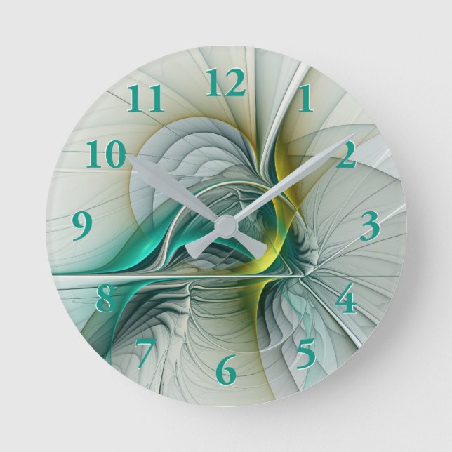Hypnotic Abstract Golden Turquoise Teal Fractal Round Clock (Front)