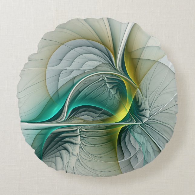 Hypnotic Abstract Golden Turquoise Teal Fractal Round Cushion (Front)