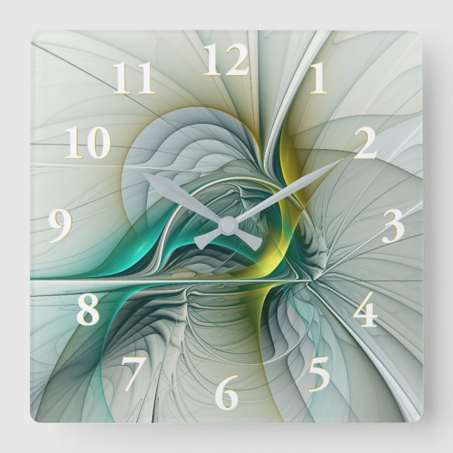 Hypnotic Abstract Golden Turquoise Teal Fractal Square Wall Clock (Front)