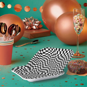 Hypnotic Black and White Chequered Warp Pattern Paper Plate