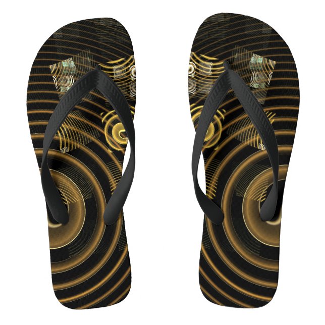 Hypnotic Golden Waves Modern Abstract Art Flip Flops (Footbed)