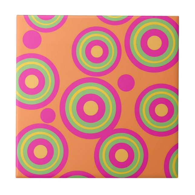Hypnotic Orange Pink Circle Geometric Pattern Tile (Front)