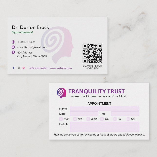 Hypnotist Clinic Business | Minimalist Appointment Business Card (Front/Back)