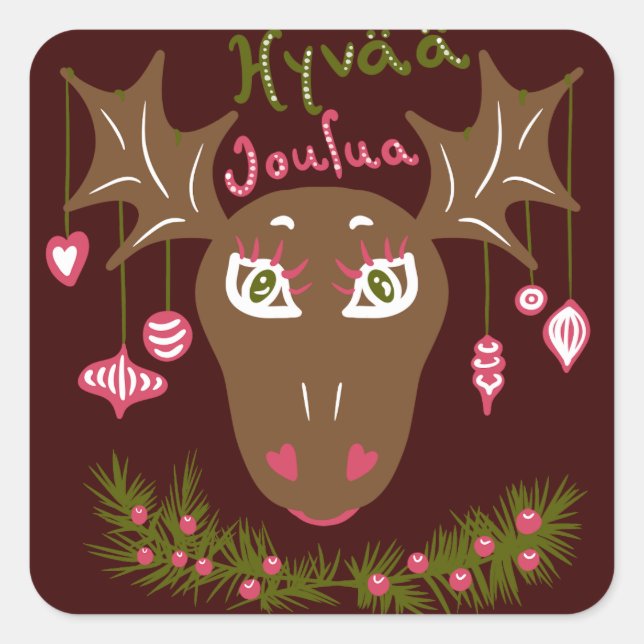 Hyvää Joulua Christmas cute moose with ornaments Square Sticker (Front)