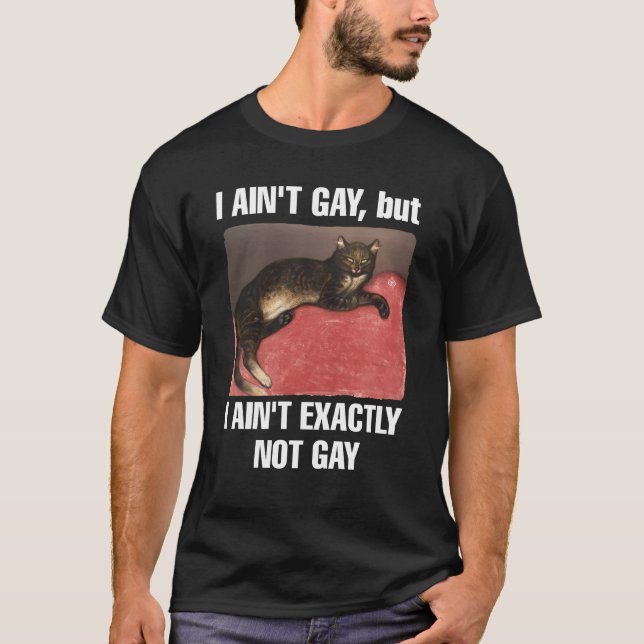 I ain't gay but I ain't exactly not gay cat meme T-Shirt (Front)