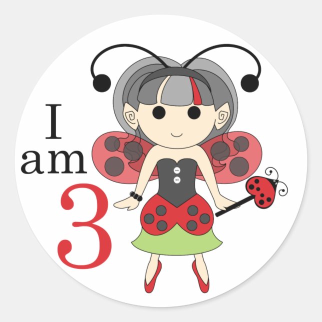 I am 3 Ladybug Fairy 3rd Birthday Circle Stickers (Front)