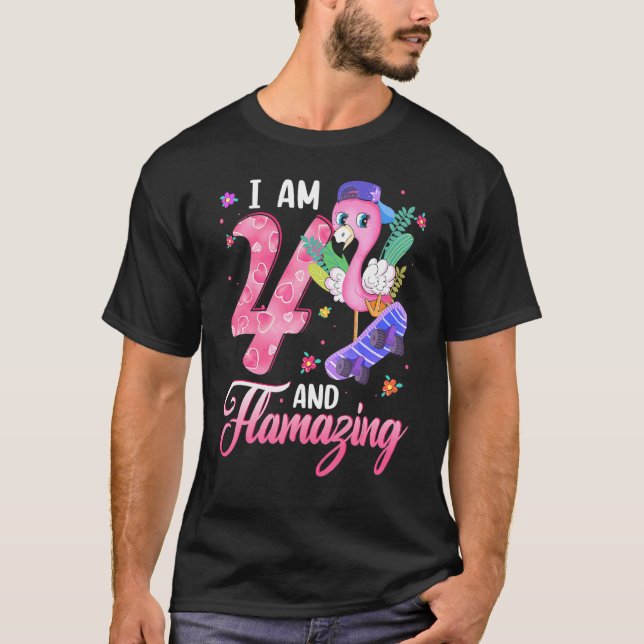 I Am 4 And 4th Birthday Flamingo T-Shirt (Front)