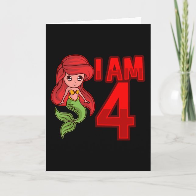 I AM 4 YEAR OLD 4th Birthday Girl Mermaid Card (Front)