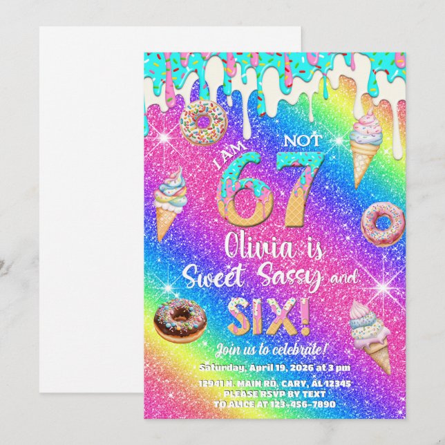 I am 6 not 7 girl 6th birthday invitation. invitation (Front/Back)