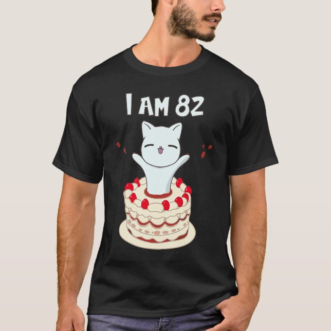 I am 82 Cute cat kitten with birthday cake T-Shirt (Front)