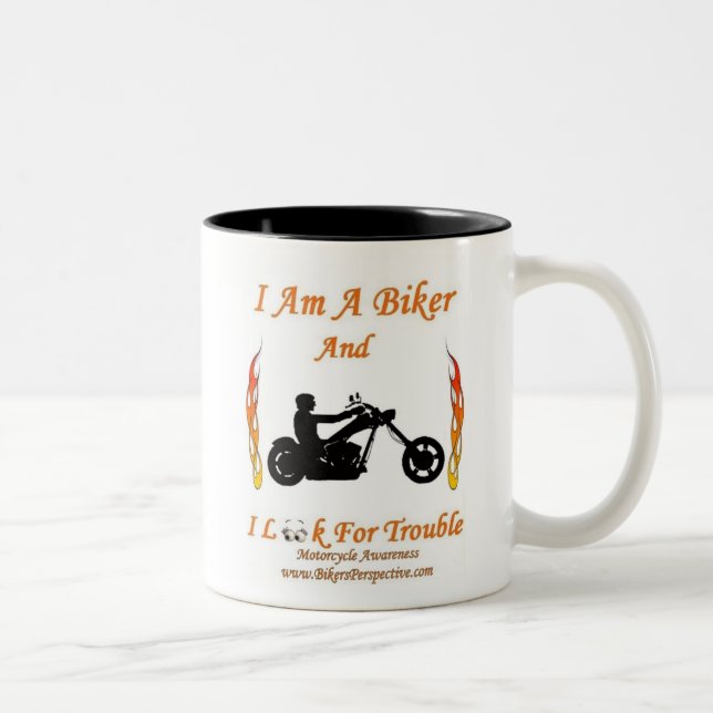 I Am A Biker And I Look For Trouble Two-Tone Coffee Mug (Right)