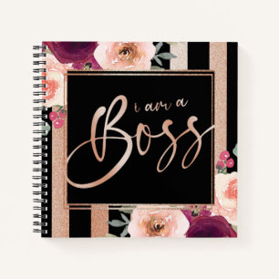I Am A Boss Floral Black Rose Gold Glitter Notebook