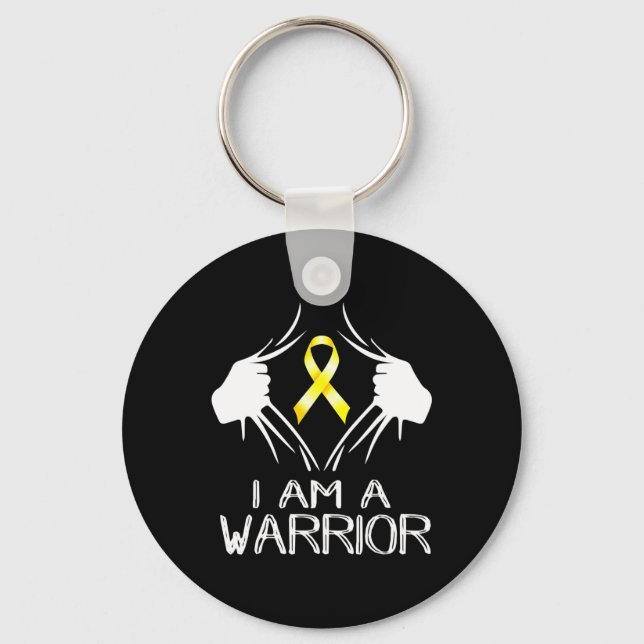 I Am A Warrior Childhood Cancer Awareness Gold Rib Key Ring (Front)