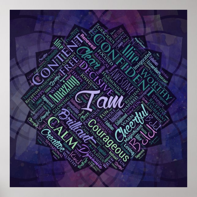 I am Affirmations Word Cloud Art in lotus Poster (Front)