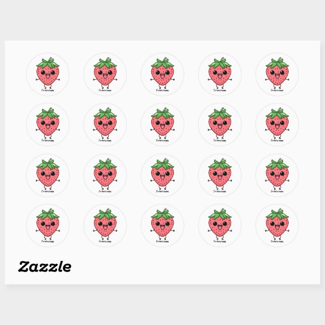 I am Berry Happy cute kawaii strawberry jumping Classic Round Sticker (Sheet)