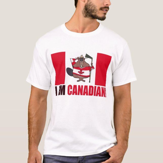 I AM CANADIAN Quote with Beaver on a Canadian Flag T-Shirt (Front)