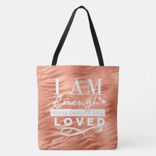 I Am Enough Peach Sparkle Tiger Print Tote Bag