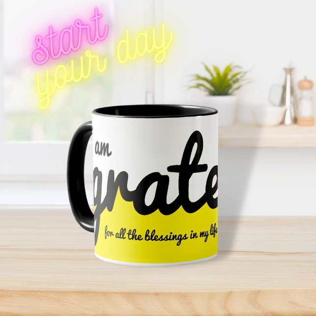 I Am Grateful Colour Block Yellow Black and White Mug (Creator Uploaded)