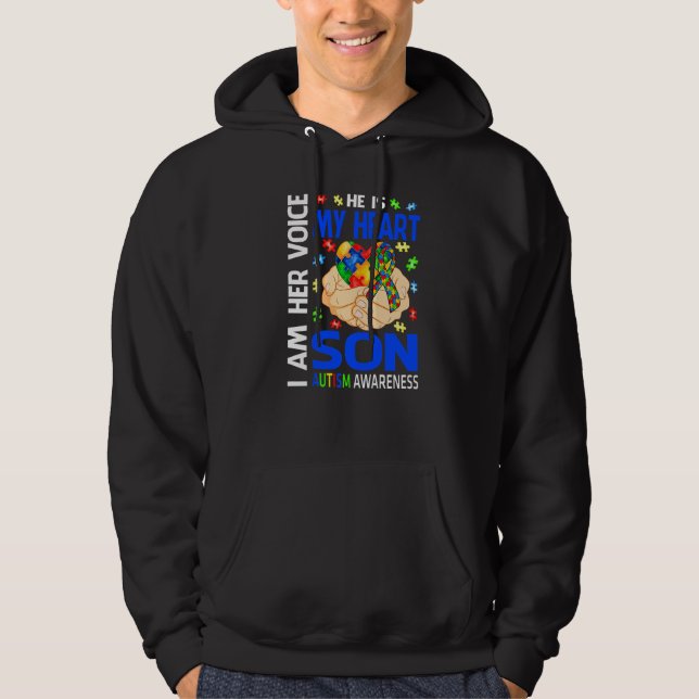 I Am Her Voice He Is My Heart Son Autism Awareness Hoodie (Front)