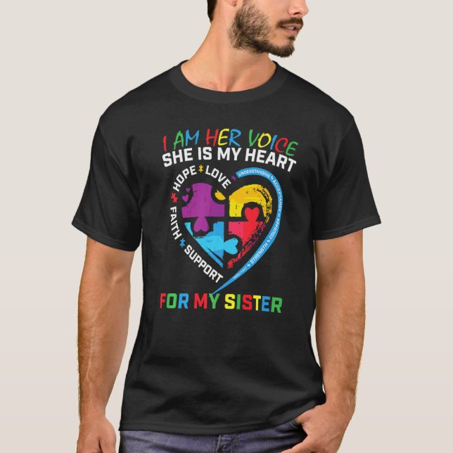 I Am Her Voice She Is My Heart Blue Autism Awarene T-Shirt (Front)
