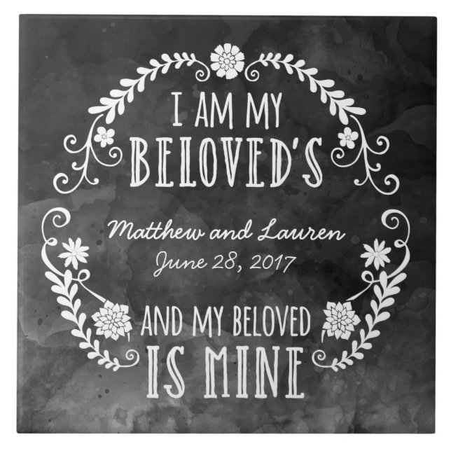 I Am My Beloved's, Wedding Black Watercolor Tile (Front)