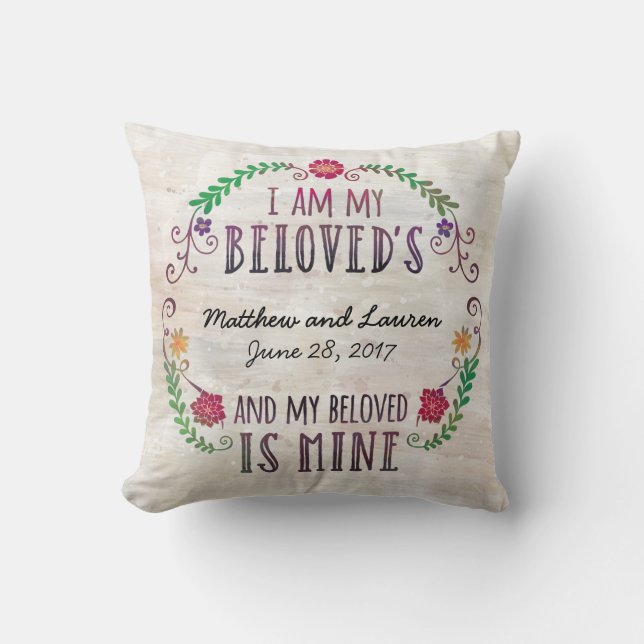 I Am My Beloved's, Wedding Date Watercolor Cushion (Front)
