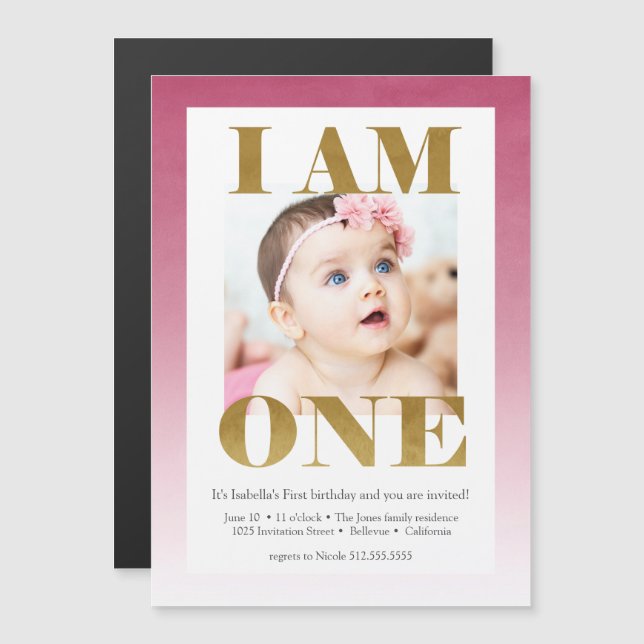 "I AM ONE" Pink + Gold Photo 1st Birthday Magnetic Invitation (Front/Back)