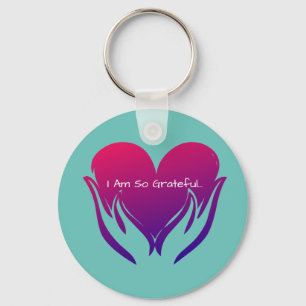 I Am So Grateful Heart in Hands Pink and Blue Key Ring