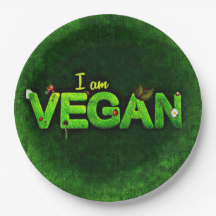 I Am Vegan Written With A Grassy Nature Texture Paper Plate