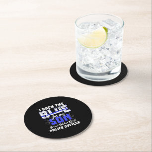 I Back Blue My Son Ts Women Thin Line Mum Gift Round Paper Coaster