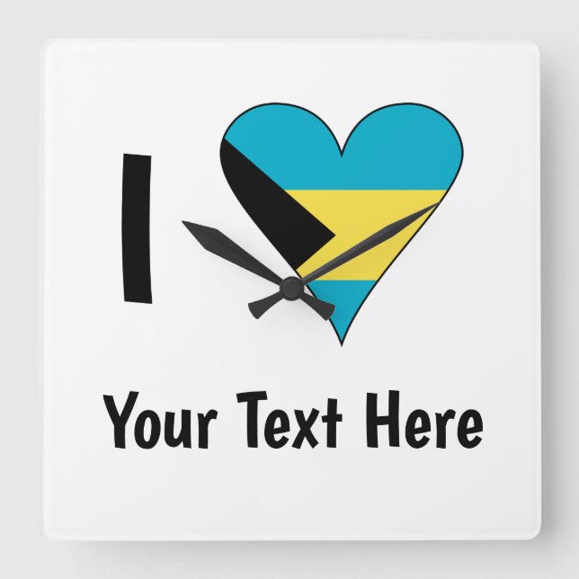 I (Bahamian Flag Heart Love) Your Text Square Wall Clock (Front)