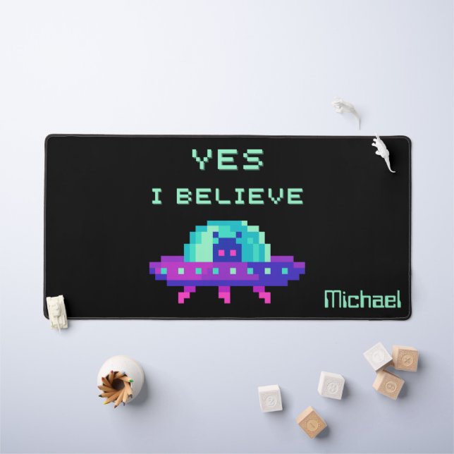 I Believe Alien Flying UFO Spaceship Pixel Art Desk Mat (Kids Table)