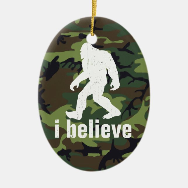 I Believe - Bigfoot with Forest Green Camo Ceramic Tree Decoration (Front)