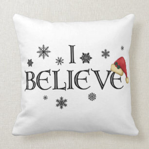 I Believe Christmas pillow snowflakes & Santa hat