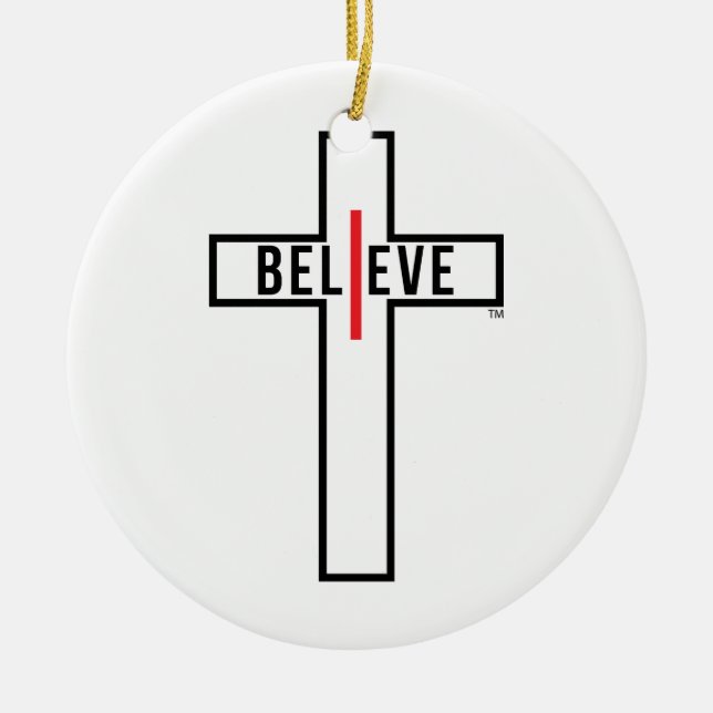 I BELIEVE CROSS, CHRISTMAS ORNAMENT, (ROUND) CERAMIC TREE DECORATION (Front)