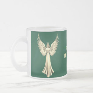 I Believe In Angels    Golden Angel Wings Green  Frosted Glass Coffee Mug