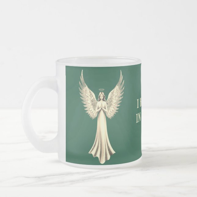 I Believe In Angels  | Golden Angel Wings Green  Frosted Glass Coffee Mug (Left)