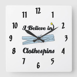 i believe in clothespins square wall clock