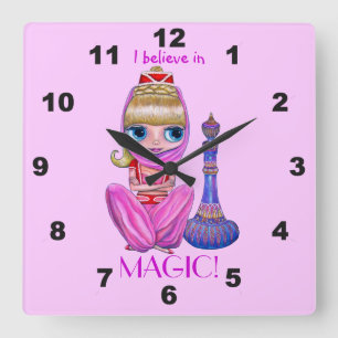 I Believe in Magic Pink Genie Girl Doll Cute Square Wall Clock
