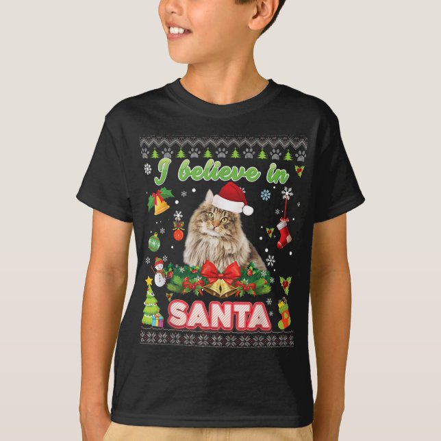 I Believe In Santa Norwegian Forest Cat Christmas  T-Shirt (Front)