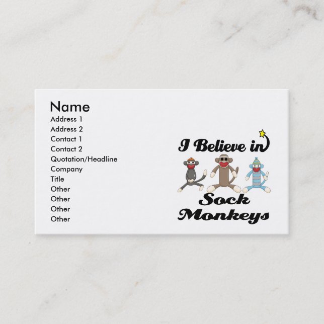 i believe in sock monkeys business card (Front)